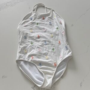 White Halter Swimsuit with Colorful Embroidery